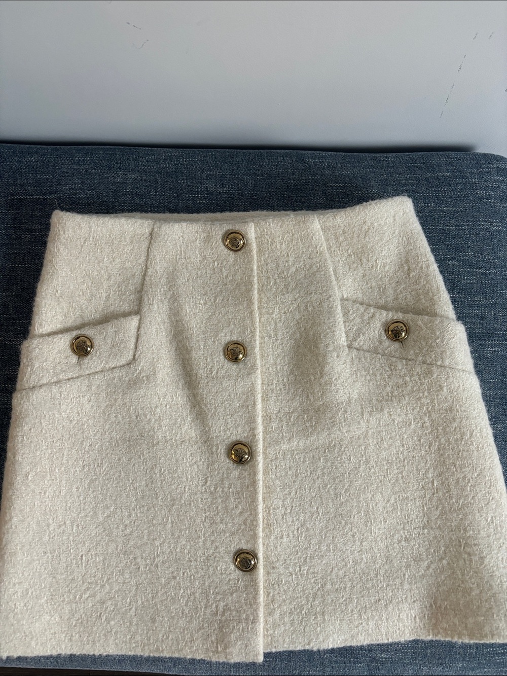 Sandro Cream Bouclé Mini Skirt with Gold Buttons